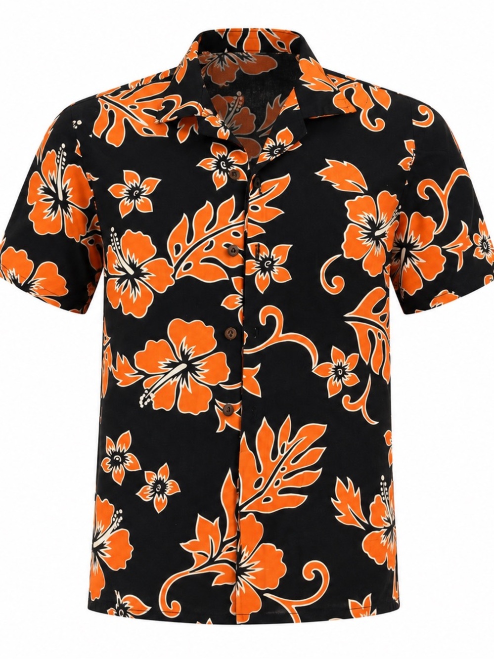 AlohaWears boys Hawaiian shirt size 6/8. 100% cotton Black orange floral